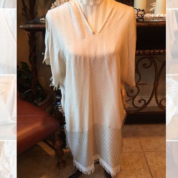 Caftan Cream & Sage w Fringe Drops Split Sides - Picture 4 of 8